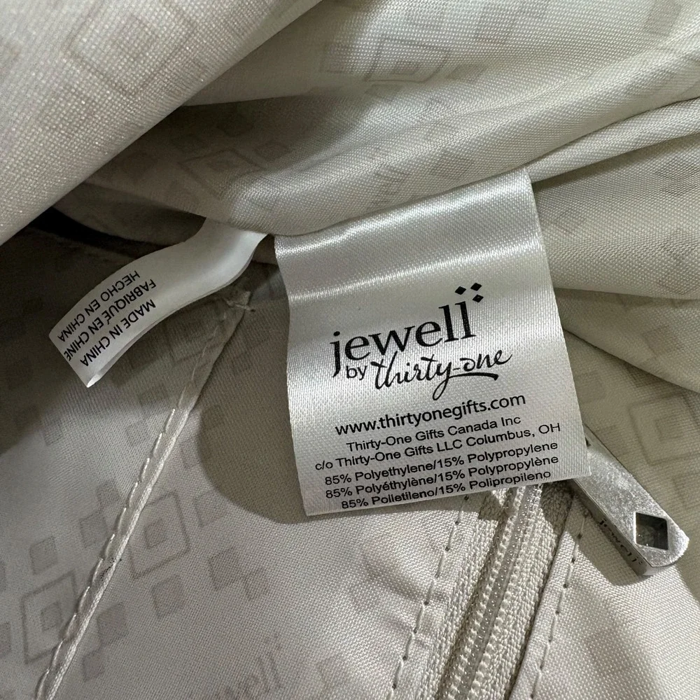 Jewell by Thirty-One Straw Tote Bag White Gold Metallic Striped Woven Beach Bag
